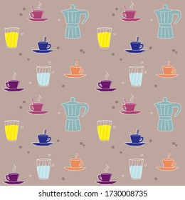 Seamless vector coffee pattern. Trendy background illustration with coffeemaker and cups. Bright color print design coffee concept. 