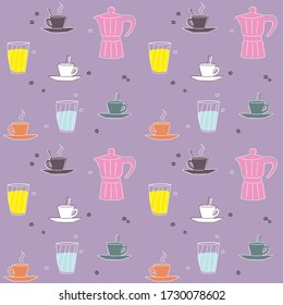 Seamless vector coffee pattern. Trendy background illustration with coffeemaker and cups. Bright color print design coffee concept. 