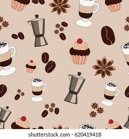 Seamless vector coffee theme pattern. Seamless illustration.