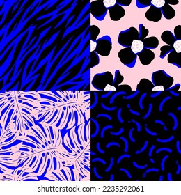 Seamless vector collection of prints. Four patterns on a tropical theme. Monstera leaf, flowers, animalistic tiger print, abstract lines. Black, blue, pink colors.