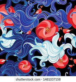 Seamless vector color floral pattern with birds in love. Floral design template for wallpaper or fabric.