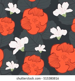 Seamless vector color illustration with decorative flower blossoms and leaves