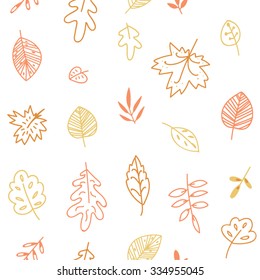 Seamless vector color patter with fall leaves on white background. Autumn seamless pattern with leaf,  botanical 