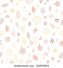 Seamless Vector Color Patter With Fall Leaves On White Background. Autumn Seamless Pattern With Leaf,  Botanical 