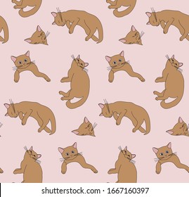 Seamless vector color pattern and background with cute cats. Pet animal vector illustration.  For wrapping, fabric, wallpaper. On a pink background