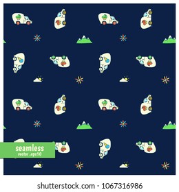 Seamless vector color pattern with cartoon cars - ice cream vans stylized for children