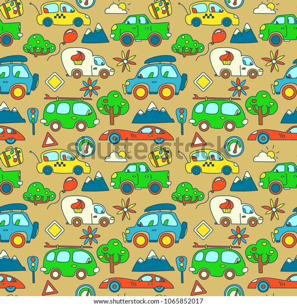 Seamless vector color pattern with cartoon cars\
stylized for children