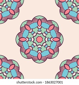 Seamless vector color pattern with mandala. Abstract oriental mandala background. Vintage decorative elements. Islam, Arabic, Indian, ottoman motifs. For textile, fabric and paper.
