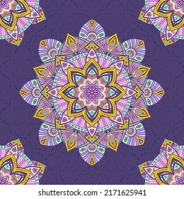 Seamless vector color pattern with mandala. Abstract oriental mandala background. Vintage decorative elements. Islam, Arabic, Indian, ottoman motifs. Purple, pink, yellow, turquoise colors.