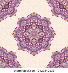 Seamless vector color pattern with mandala. Oriental mandala background. Vintage decorative elements. Islam, Arabic, Indian, ottoman motifs. Color mandala pattern. For textile, fabric design.