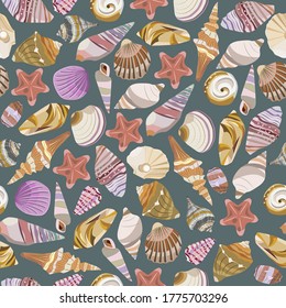 Seamless vector color pattern with shells. Hand drawn мarine background. Suitable for greetings, invitations, wrapping paper, textile.