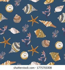 Seamless vector color pattern with shells. Hand drawn мarine background. Suitable for greetings, invitations, wrapping paper, textile.