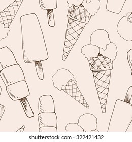 Seamless vector color pattern with tasty ice cream. Hand drawn doodles