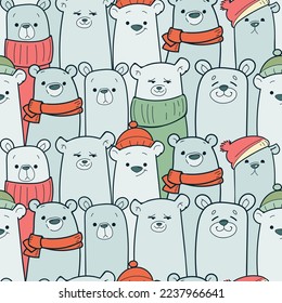 Seamless vector color pattern with white bears in winter clothes on a white separate background. Great winter pattern for wrapping paper. 