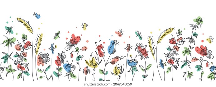 Seamless vector colored doodle.
Ornament from floral branches with leaves, flowers. A pattern from floral sketches. Decorative elements for design