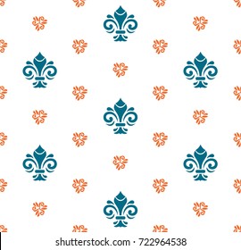 Seamless vector colored pattern. Modern geometric ornament with royal lilies. Classic vintage background