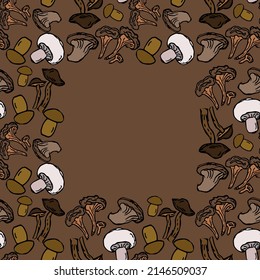 Seamless vector colored pattern with mushrooms. Doodle vector with mushroom icons on brown background. Vintage mushroom pattern