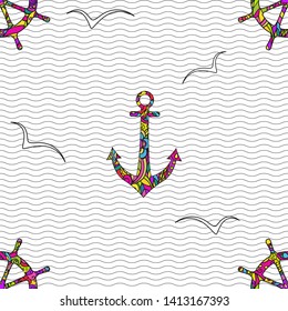 Seamless vector colored pattern with ship`s steering wheels, anchors, gulls on white backgrounds with waves.