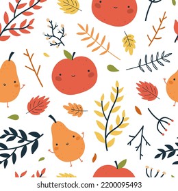seamless vector colorful autumn pattern with leaves, apples, pears