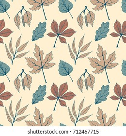 seamless vector colorful autumn pattern with hand drawn tree leaves. autumn design for covers, packaging, printing