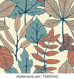 seamless vector colorful autumn pattern with hand drawn tree leaves. autumn design for covers, packaging, printing