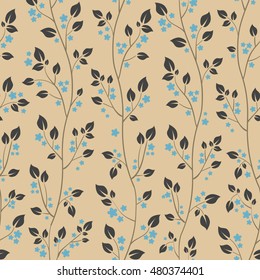 Seamless vector colorful background with elegant stems decorated with flowers and leaves. Retro style
