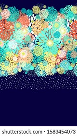 Seamless vector colorful background, firework, flowers, floral flow, colorful snowflakes