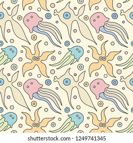 Seamless vector colorful background with hand drawn decorative childlike fish, jellyfish, octopus, starfish. Graphic illustration. Print for wrapping, wallpaper, background, surface, packaging