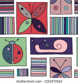 Seamless vector colorful background with hand drawn decorative childlike butterfly, ladybug, snail, dragonfly. Graphic illustration. Print for wrapping, wallpaper, background, packaging