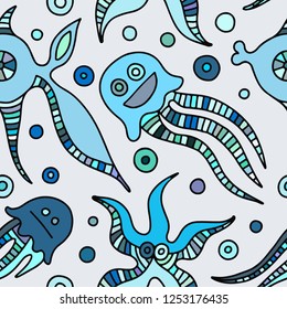 Seamless vector colorful background with hand drawn decorative childlike fish, jellyfish, octopus, starfish. Graphic illustration. Print for wrapping, wallpaper, background, surface, packaging