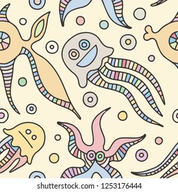 Seamless vector colorful background with hand drawn decorative childlike fish, jellyfish, octopus, starfish. Graphic illustration. Print for wrapping, wallpaper, background, surface, packaging