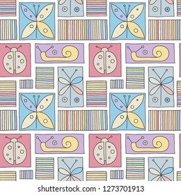 Seamless vector colorful background with hand drawn decorative childlike butterfly, ladybug, snail, dragonfly. Graphic illustration. Print for wrapping, wallpaper, background, packaging