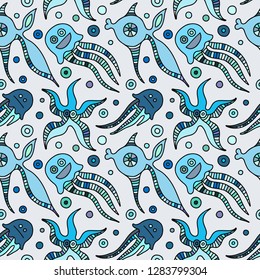 Seamless vector colorful background with hand drawn decorative childlike fish, jellyfish, octopus, starfish. Graphic illustration. Print for wrapping, wallpaper, background, surface, packaging