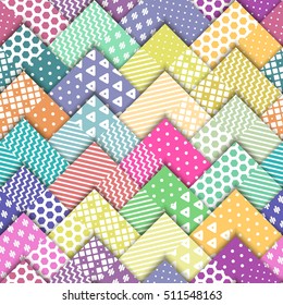 Seamless vector colorful bright pattern. Paper squares of different colors with white ornaments lying on each other. Holiday packages, wallpaper, background.