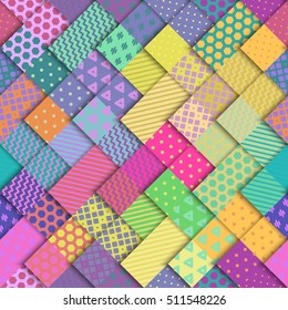 Seamless vector colorful bright pattern. Paper squares of different colors with ornaments lying on each other. Holiday packages, wallpaper, background.