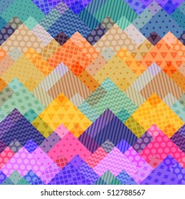 Seamless vector colorful bright pattern. Squares and rectangles of different colors with ornaments. Holiday packages, wallpaper, background.