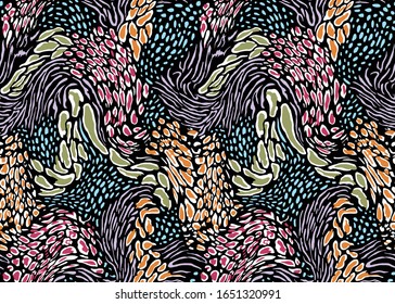 Nahtlose Vektorillustration. Farbige Collage Leopard und Zebra-Hintergrund der Tierhaut. Wiederholbare fertige Vorlage.
