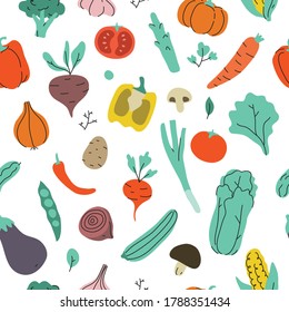 Seamless vector colorful cute cartoon food pattern. Hand drawn vegetables background. 