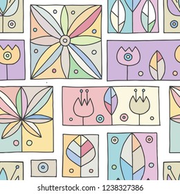 Seamless vector colorful decorative hand drawn pattern with geometrical motifs, flowers. Graphic vintage design. Print for wrapping, wallpaper, surface, packaging. 