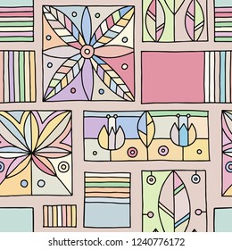 Seamless vector colorful decorative hand drawn pattern with geometrical motifs, flowers. Graphic vintage design. Print for wrapping, wallpaper, surface, packaging. 