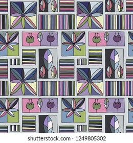 Seamless vector colorful decorative hand drawn pattern with geometrical motifs, flowers. Graphic vintage design. Print for wrapping, wallpaper, surface, packaging. 
