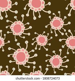 Seamless vector colorful design of abstract floral germs-like shapes in polka dot pattern. The design is perfect for textiles, fashion, backgrounds, wallpaper, wrapping paper