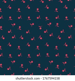 Seamless vector colorful design polka dot pattern of red cherries on navy blue background. The design is perfect for textiles, dresses, sheets, wallpapers, backgrounds, surfaces, wrapping paper.