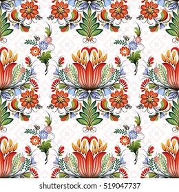 Seamless vector colorful ethnic pattern. Style of Petrykivka - traditional Ukrainian decorative painting. Ornamental folk art. Beautiful flowers. Imitation of brush strokes