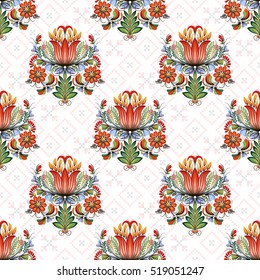 Seamless vector colorful ethnic pattern. Style of Petrykivka - traditional Ukrainian decorative painting. Ornamental folk art. Beautiful flowers. Imitation of brush strokes