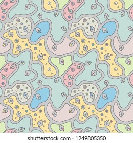Seamless vector colorful hand drawn pattern with branch, leaves, dots. Abstract infinite tree. Graphic colorless illustration. Print for fabric, background, wallpaper, packeging, wrapping