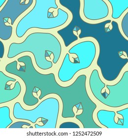 Seamless vector colorful hand drawn pattern with branch, leaves, dots. Abstract infinite tree. Graphic colorless illustration. Print for fabric, background, wallpaper, packeging, wrapping