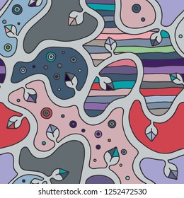 Seamless vector colorful hand drawn pattern with branch, leaves, dots. Abstract infinite tree. Graphic colorless illustration. Print for fabric, background, wallpaper, packeging, wrapping