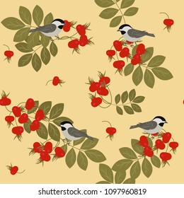 Seamless vector colorful illustration with berries wild rose and birds a yellow background. For decorating textiles, packaging and wallpaper. The style is flat.