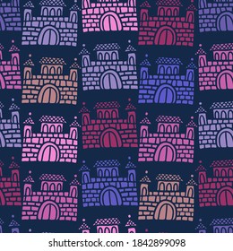 Seamless vector colorful illustration pattern design of silhouette of lined medieval cartoon castles in dark. The design is perfect for decorations, stickers, badges, logos, coloring, textiles, bags